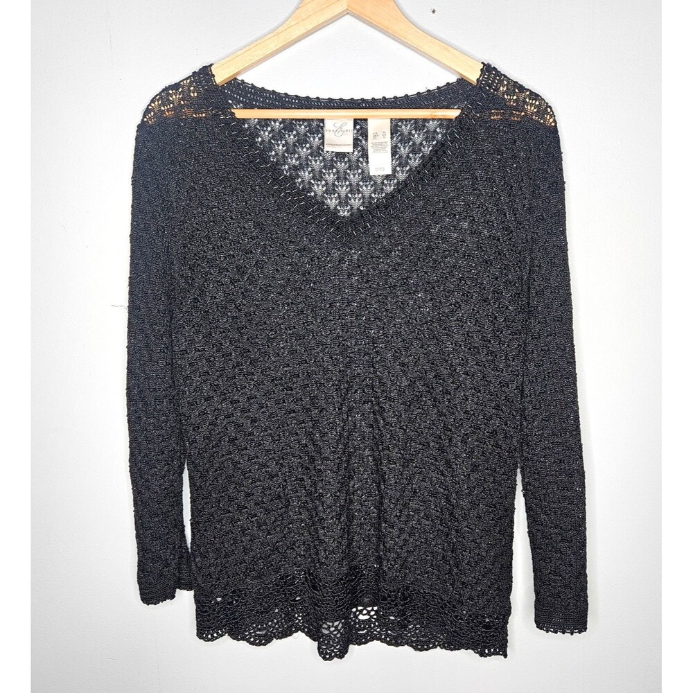 Emma James Black Crochet Knit Top Womens XL V-Neck Whimsy Goth Boho Witchy